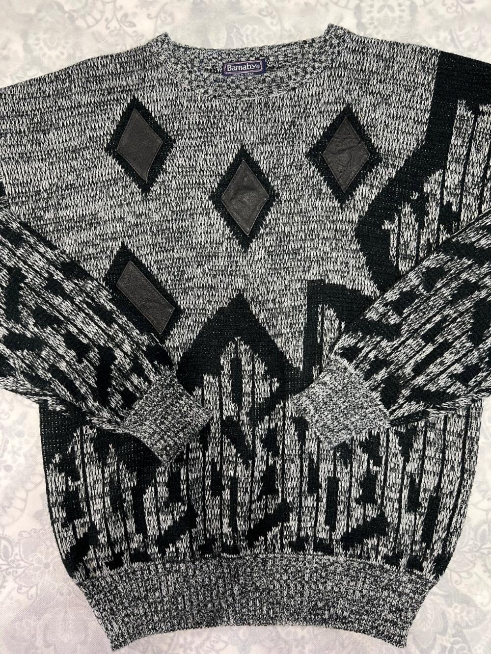 Vintage Barnaby Sweater Geometric Leather Crewneck Dad Cosby Grandpa Gray Mens L